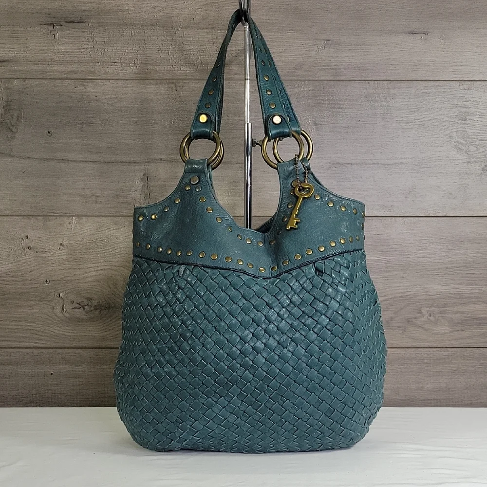 Fossil Teal Woven Hobo with Stud and Ring Accents